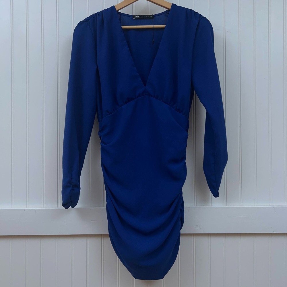 Zara NWOT Mini Dress Bodycon Sexy Club Blue Ruched V-Neck Long Sleeve Women's XS
